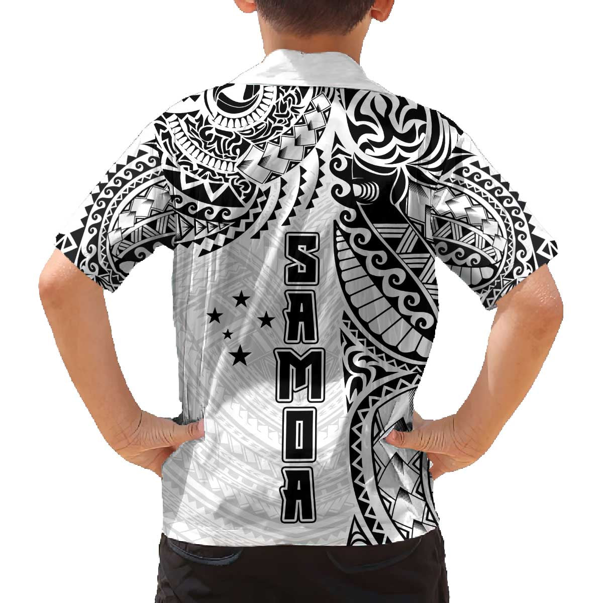 Samoa 685 Art Traditional Tattoo Pattern Family Matching Off Shoulder Short Dress and Hawaiian Shirt White Color