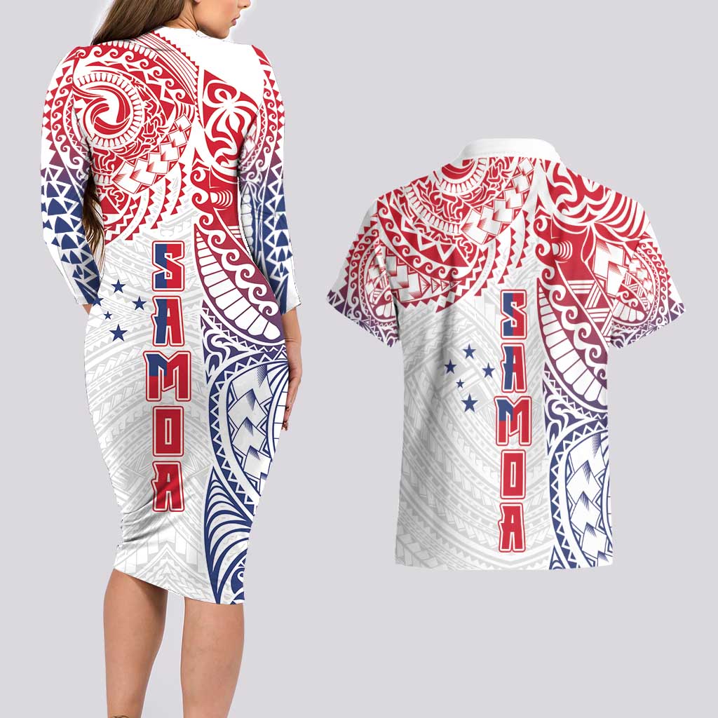 Samoa 685 Art Traditional Tattoo Pattern Couples Matching Long Sleeve Bodycon Dress and Hawaiian Shirt Gradient Color