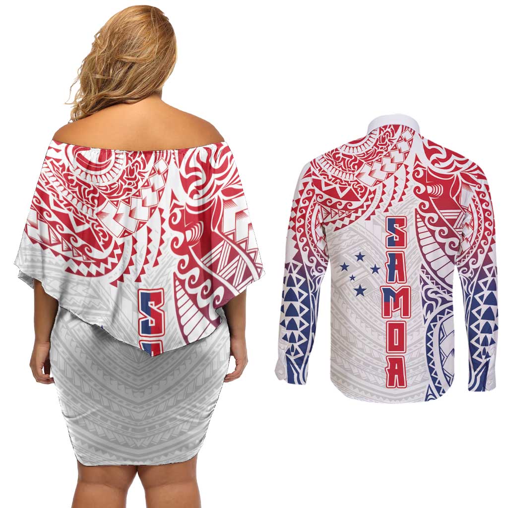 Samoa 685 Art Traditional Tattoo Pattern Couples Matching Off Shoulder Short Dress and Long Sleeve Button Shirt Gradient Color
