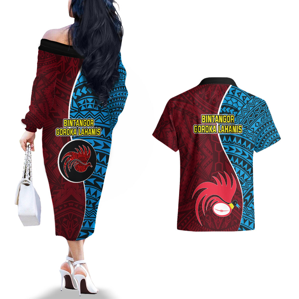 Bintangor Goroka Lahanis Rugby Couples Matching Off The Shoulder Long Sleeve Dress and Hawaiian Shirt Papua New Guinea Polynesian Tattoo LT03 - Polynesian Pride