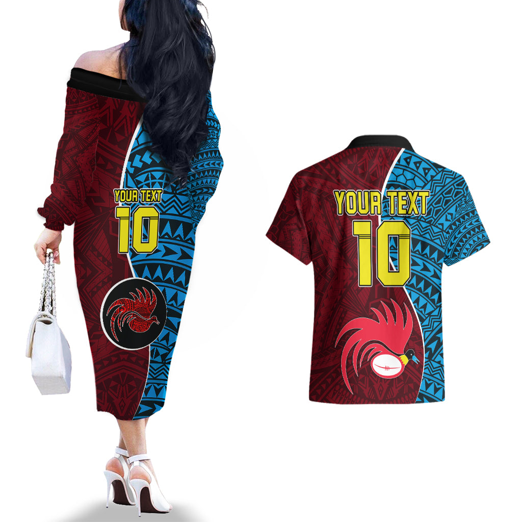 Custom Bintangor Goroka Lahanis Rugby Couples Matching Off The Shoulder Long Sleeve Dress and Hawaiian Shirt Papua New Guinea Polynesian Tattoo LT03 - Polynesian Pride