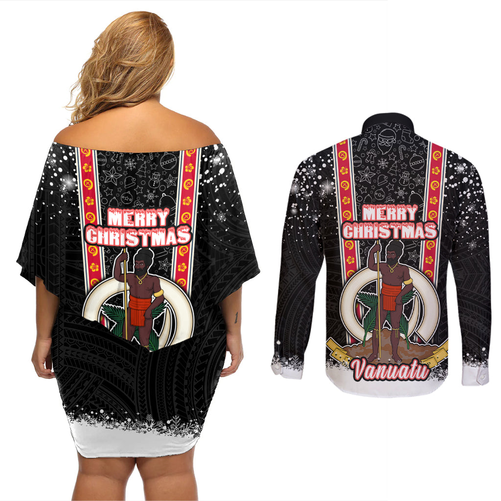 Vanuatu Christmas Couples Matching Off Shoulder Short Dress and Long Sleeve Button Shirts Polynesian Tribal Snow Style LT03 - Polynesian Pride