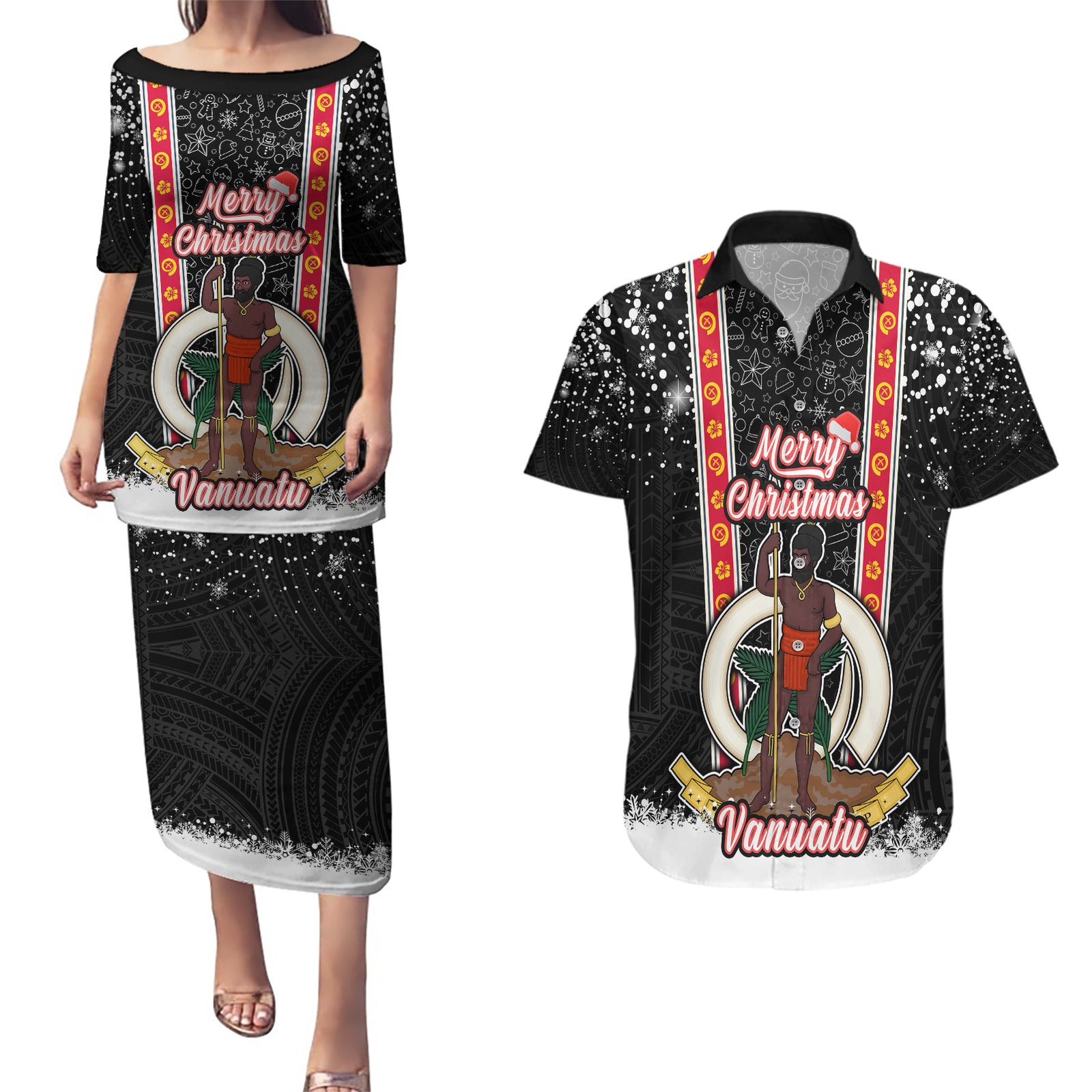 Vanuatu Christmas Couples Matching Puletasi Dress and Hawaiian Shirt Polynesian Tribal Snow Style LT03 Black - Polynesian Pride