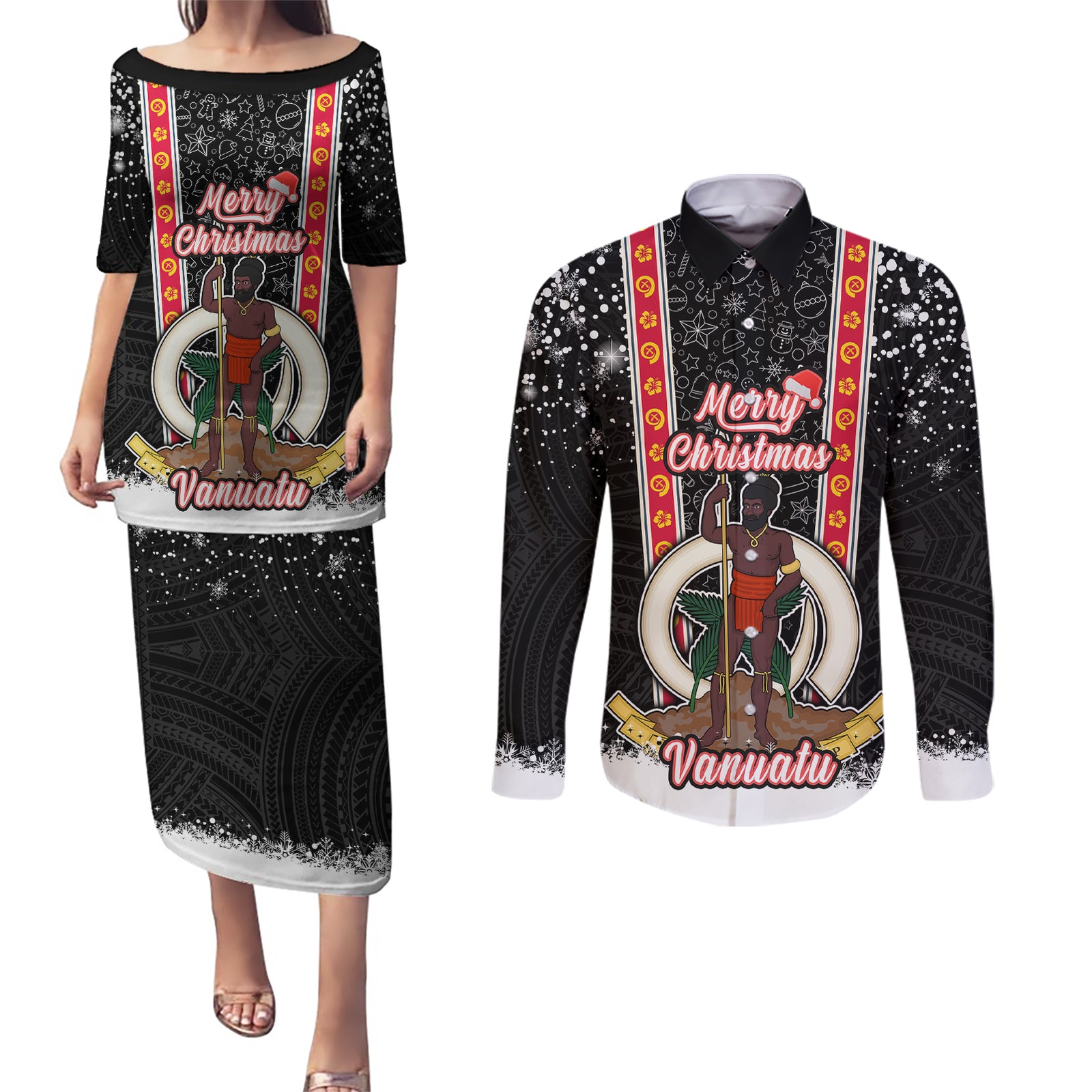 Vanuatu Christmas Couples Matching Puletasi Dress and Long Sleeve Button Shirts Polynesian Tribal Snow Style LT03 Black - Polynesian Pride