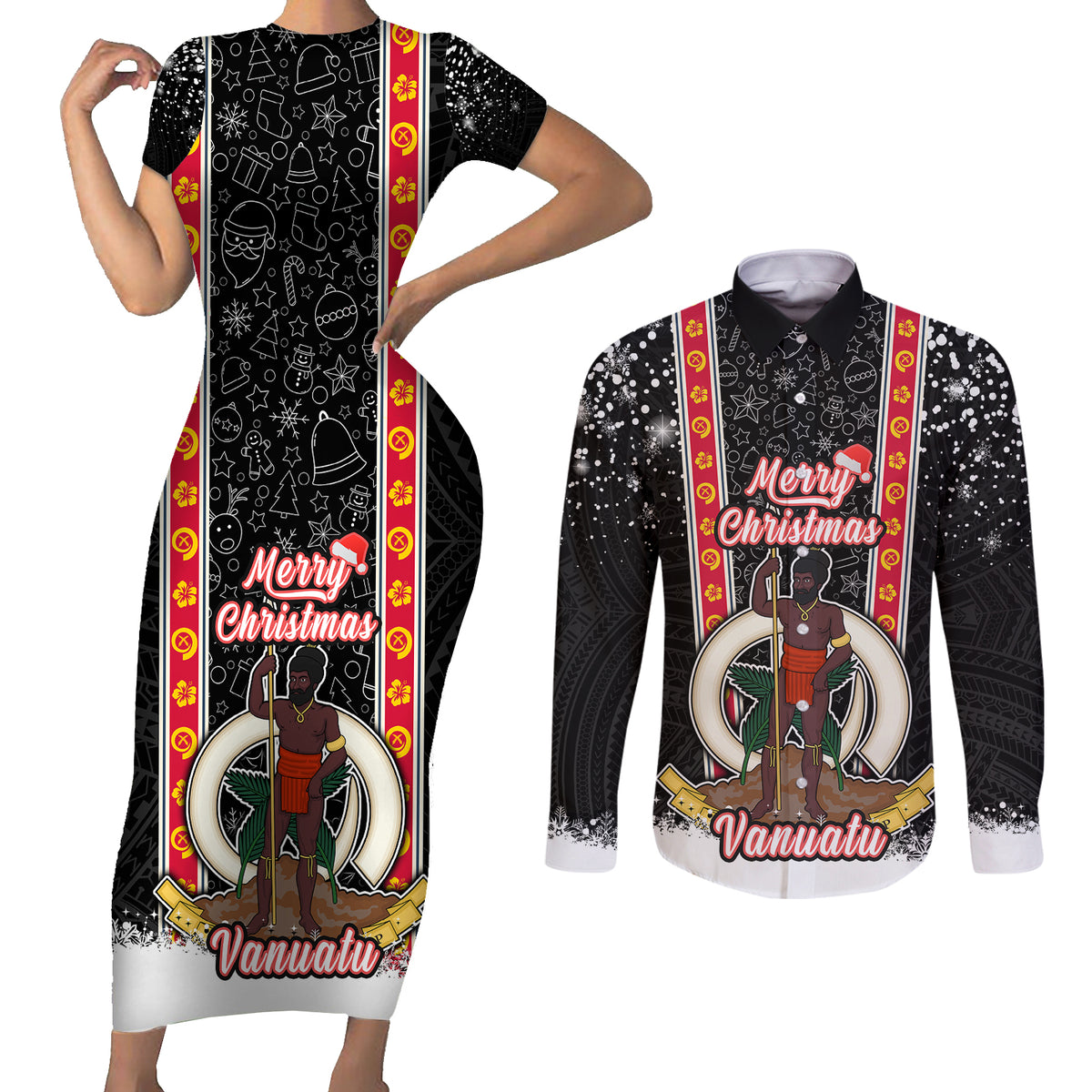 Vanuatu Christmas Couples Matching Short Sleeve Bodycon Dress and Long Sleeve Button Shirts Polynesian Tribal Snow Style LT03 Black - Polynesian Pride