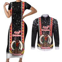 Vanuatu Christmas Couples Matching Short Sleeve Bodycon Dress and Long Sleeve Button Shirts Polynesian Tribal Snow Style LT03 Black - Polynesian Pride