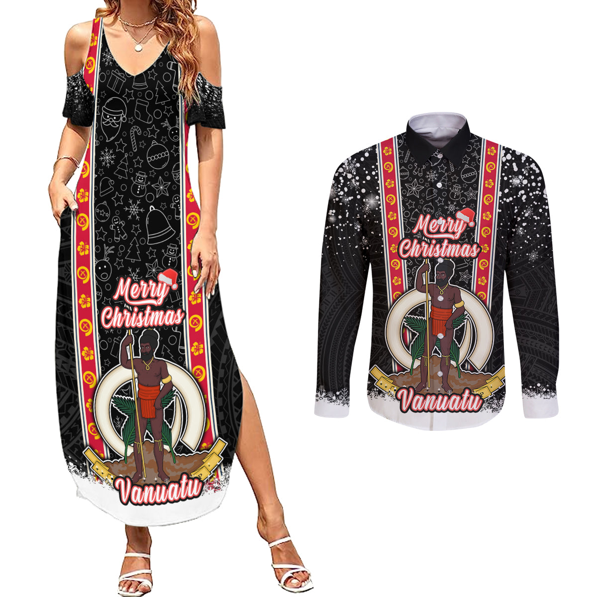 Vanuatu Christmas Couples Matching Summer Maxi Dress and Long Sleeve Button Shirts Polynesian Tribal Snow Style LT03 Black - Polynesian Pride