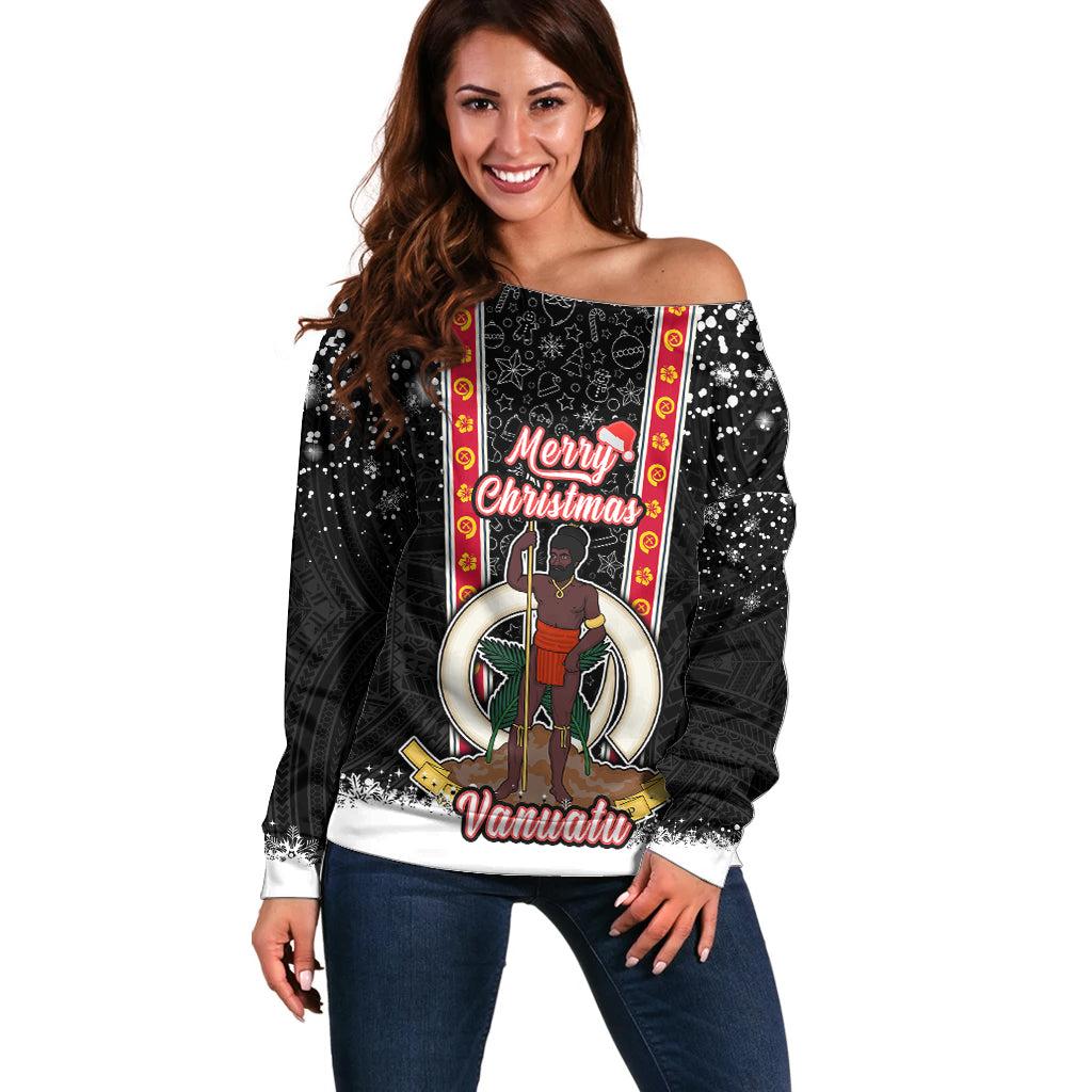 Vanuatu Christmas Off Shoulder Sweater Polynesian Tribal Snow Style LT03 Women Black - Polynesian Pride