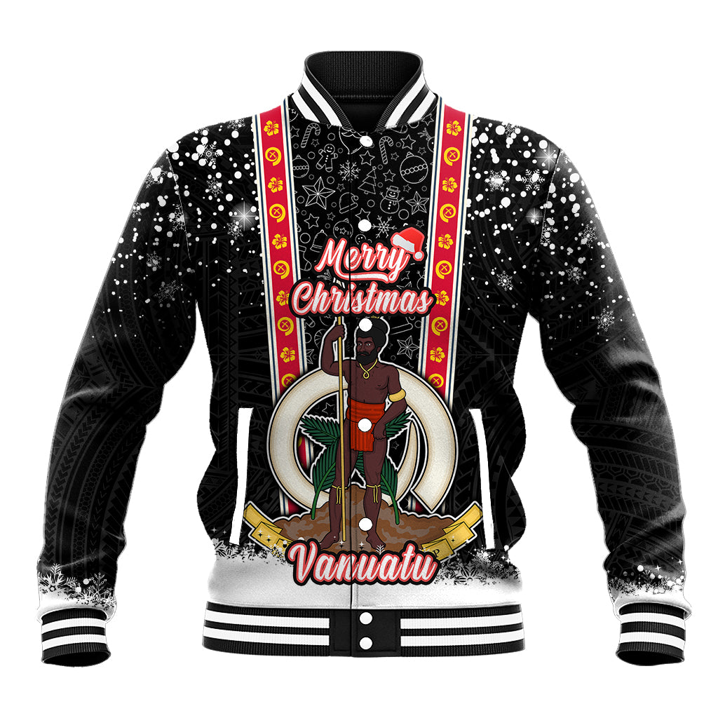 Personalised Vanuatu Christmas Baseball Jacket Polynesian Tribal Snow Style LT03 Unisex Black - Polynesian Pride