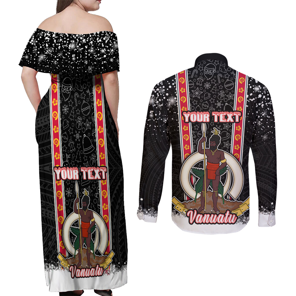Personalised Vanuatu Christmas Couples Matching Off Shoulder Maxi Dress and Long Sleeve Button Shirts Polynesian Tribal Snow Style LT03 - Polynesian Pride