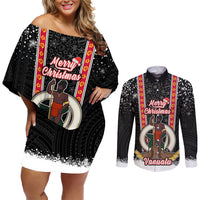 Personalised Vanuatu Christmas Couples Matching Off Shoulder Short Dress and Long Sleeve Button Shirts Polynesian Tribal Snow Style LT03 Black - Polynesian Pride