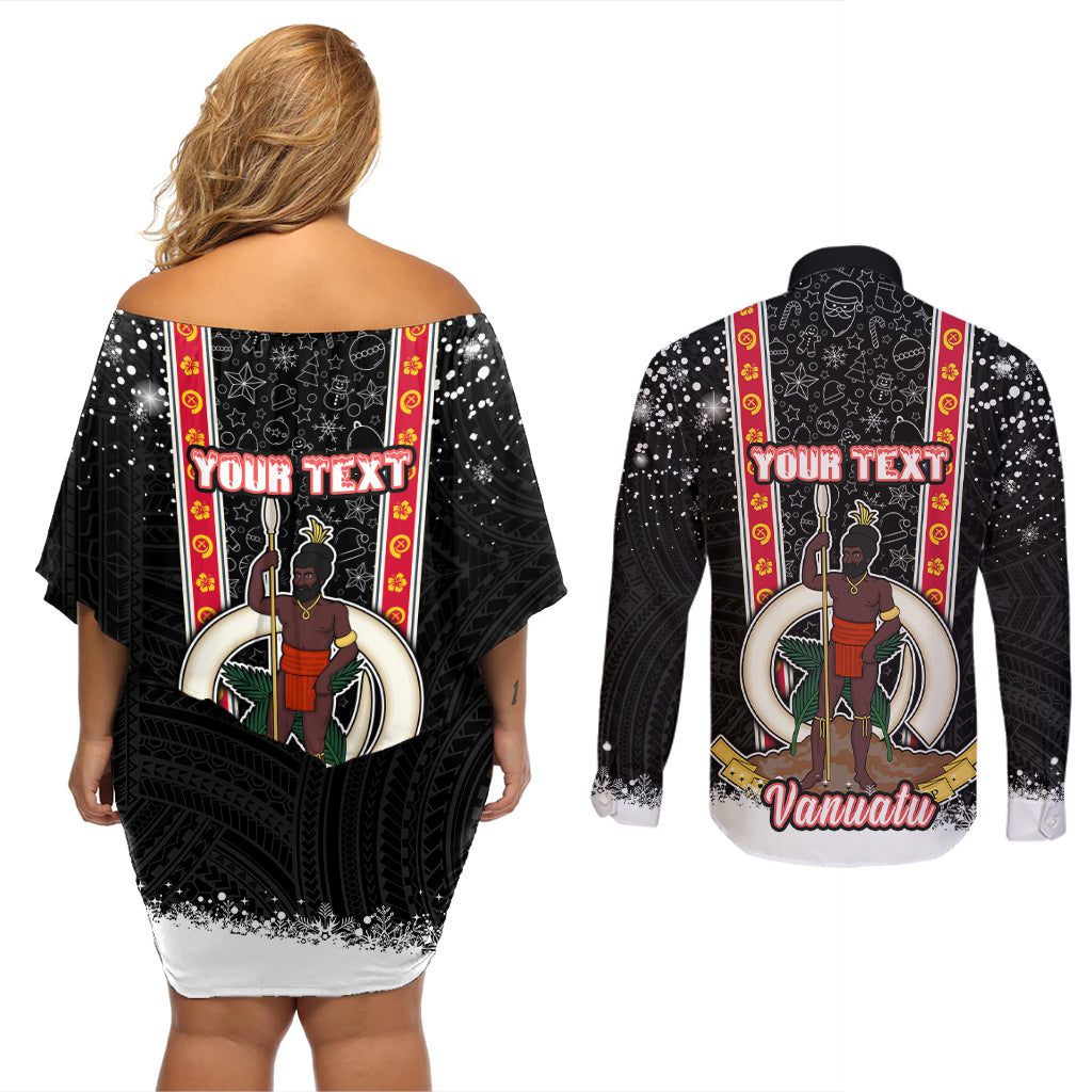Personalised Vanuatu Christmas Couples Matching Off Shoulder Short Dress and Long Sleeve Button Shirts Polynesian Tribal Snow Style LT03 - Polynesian Pride