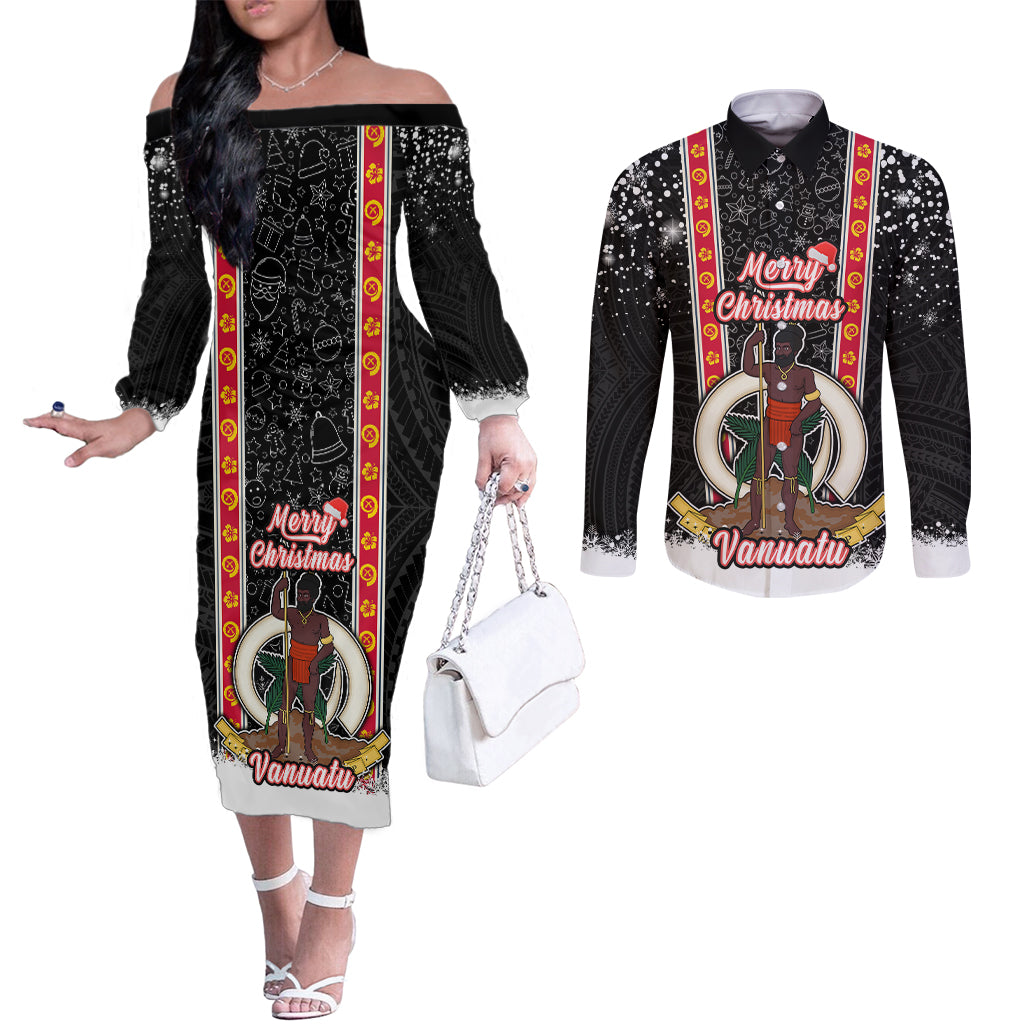 Personalised Vanuatu Christmas Couples Matching Off The Shoulder Long Sleeve Dress and Long Sleeve Button Shirts Polynesian Tribal Snow Style LT03 Black - Polynesian Pride