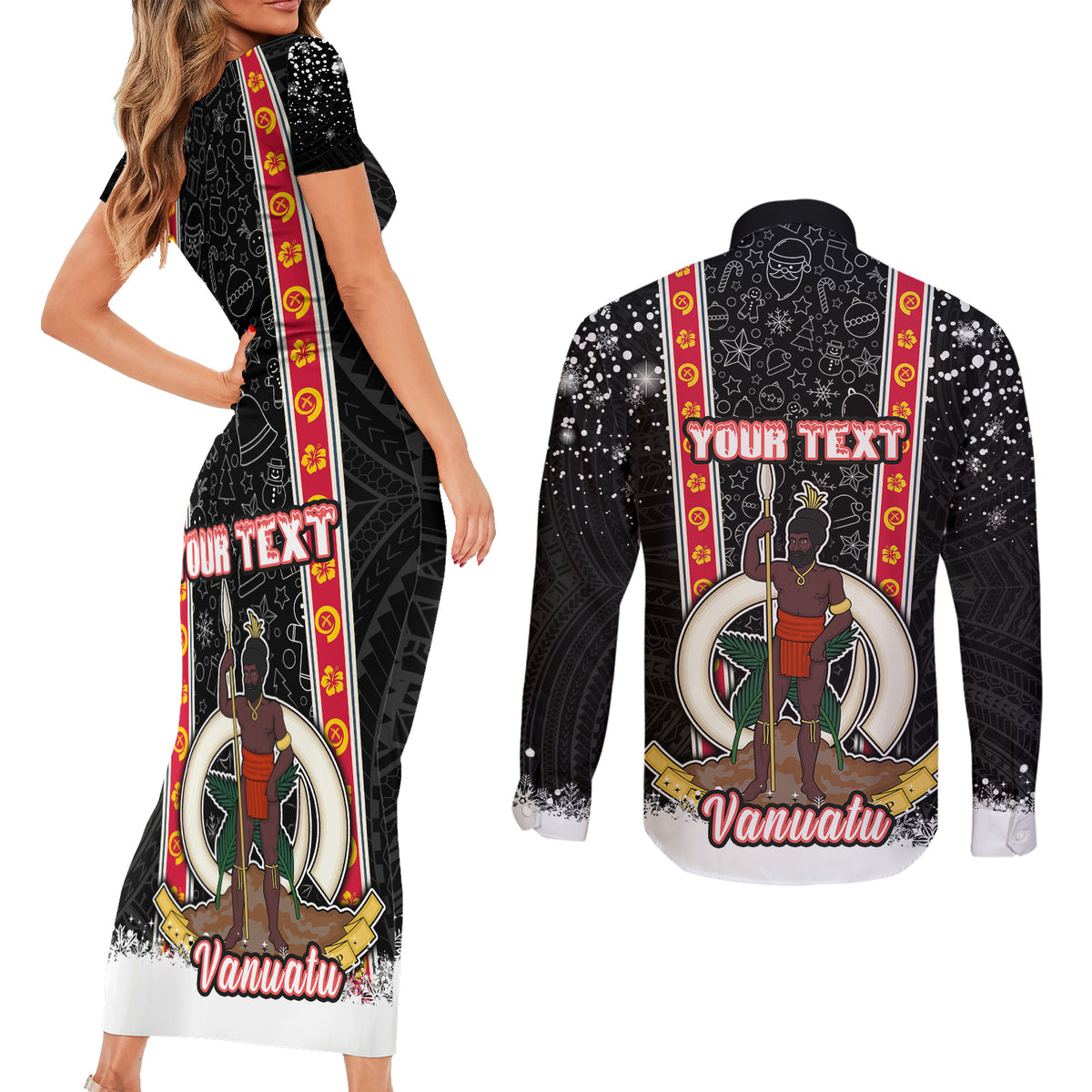 Personalised Vanuatu Christmas Couples Matching Short Sleeve Bodycon Dress and Long Sleeve Button Shirts Polynesian Tribal Snow Style LT03 - Polynesian Pride