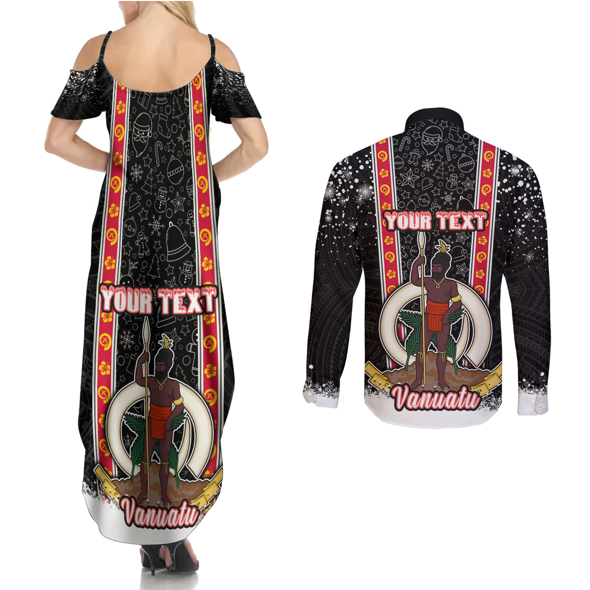 Personalised Vanuatu Christmas Couples Matching Summer Maxi Dress and Long Sleeve Button Shirts Polynesian Tribal Snow Style LT03 - Polynesian Pride