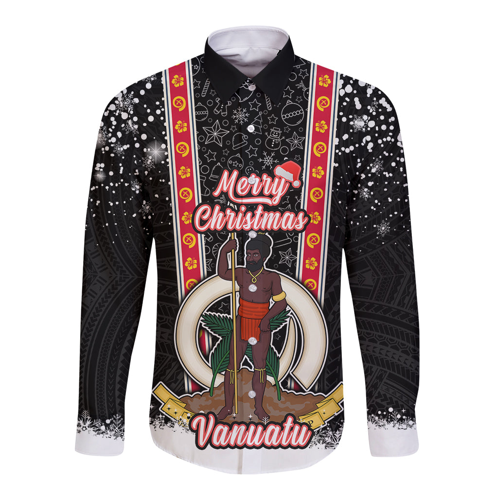 Personalised Vanuatu Christmas Long Sleeve Button Shirt Polynesian Tribal Snow Style LT03 Unisex Black - Polynesian Pride