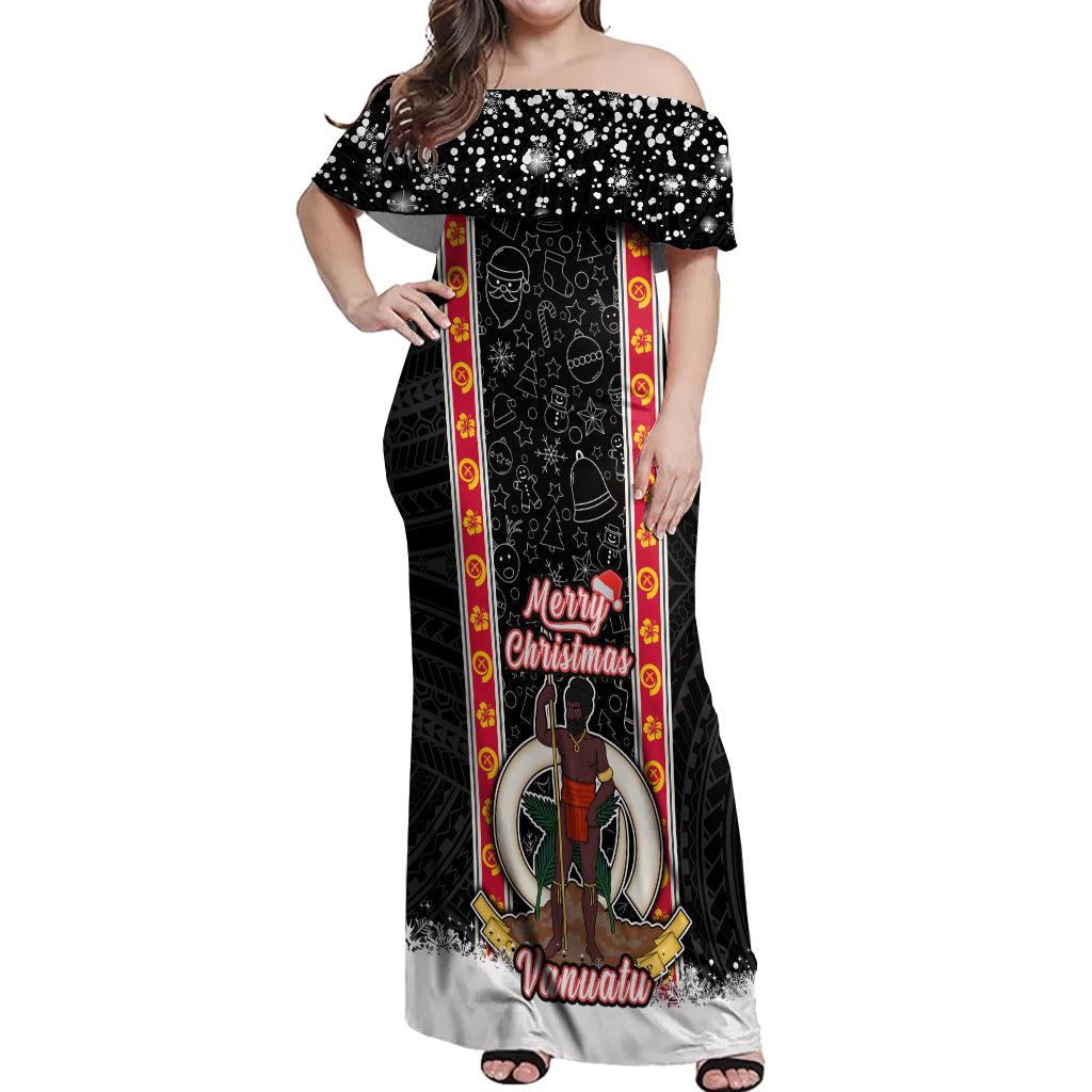Personalised Vanuatu Christmas Off Shoulder Maxi Dress Polynesian Tribal Snow Style LT03 Women Black - Polynesian Pride