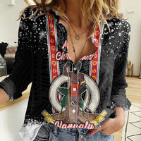 Personalised Vanuatu Christmas Women Casual Shirt Polynesian Tribal Snow Style LT03 Female Black - Polynesian Pride