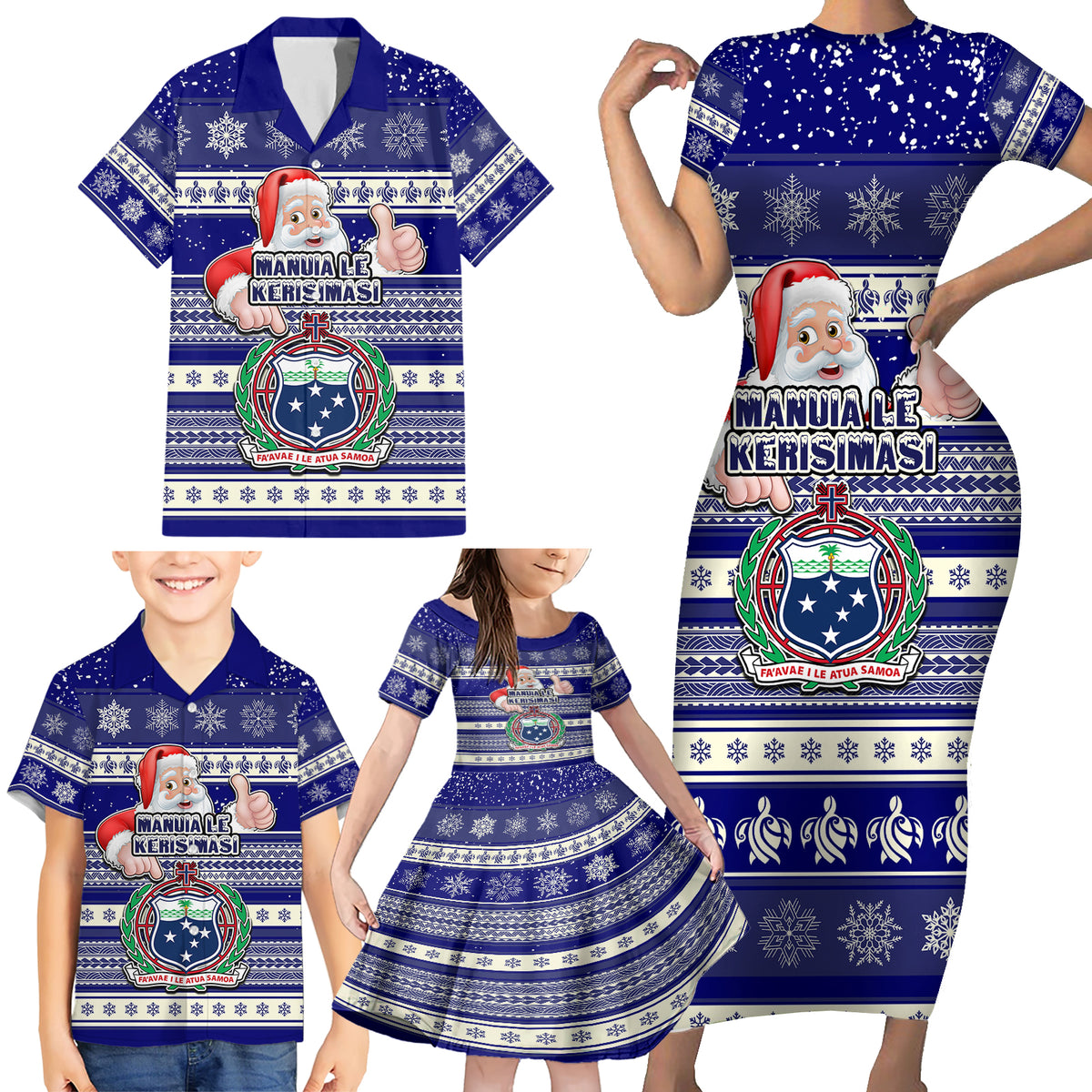 Custom Samoa Christmas Family Matching Short Sleeve Bodycon Dress and Hawaiian Shirt The Santa Coat of Arms with Samoa Bracelet Pattern LT03 - Polynesian Pride