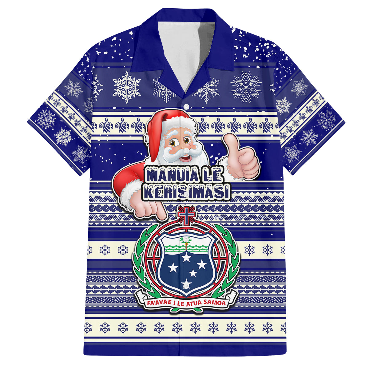 Custom Samoa Christmas Family Matching Summer Maxi Dress and Hawaiian Shirt The Santa Coat of Arms with Samoa Bracelet Pattern LT03 Dad's Shirt - Short Sleeve Blue - Polynesian Pride