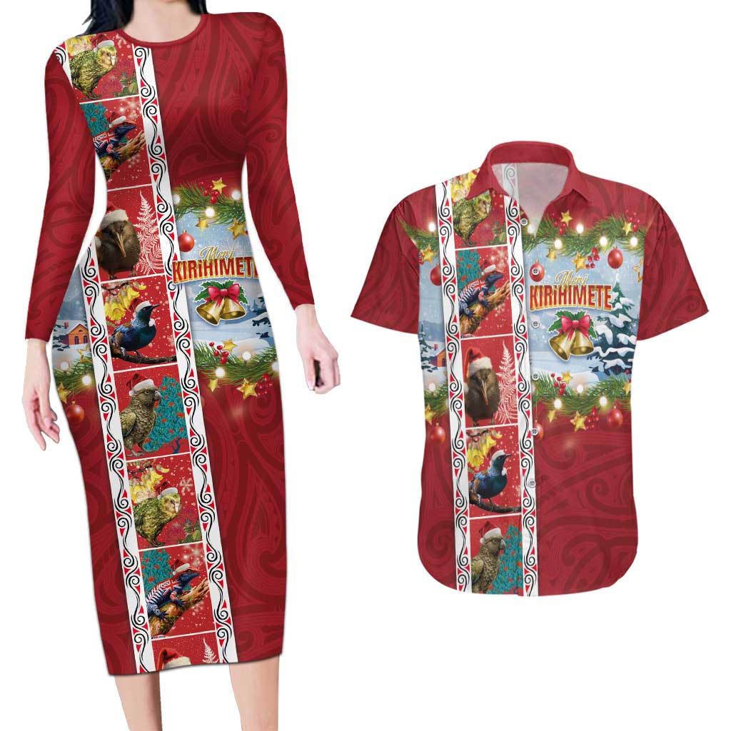 New Zealand Merry Christmas Couples Matching Long Sleeve Bodycon Dress and Hawaiian Shirt Maori Animals, Koru Tattoo - Red Xmas Style LT03 Red - Polynesian Pride