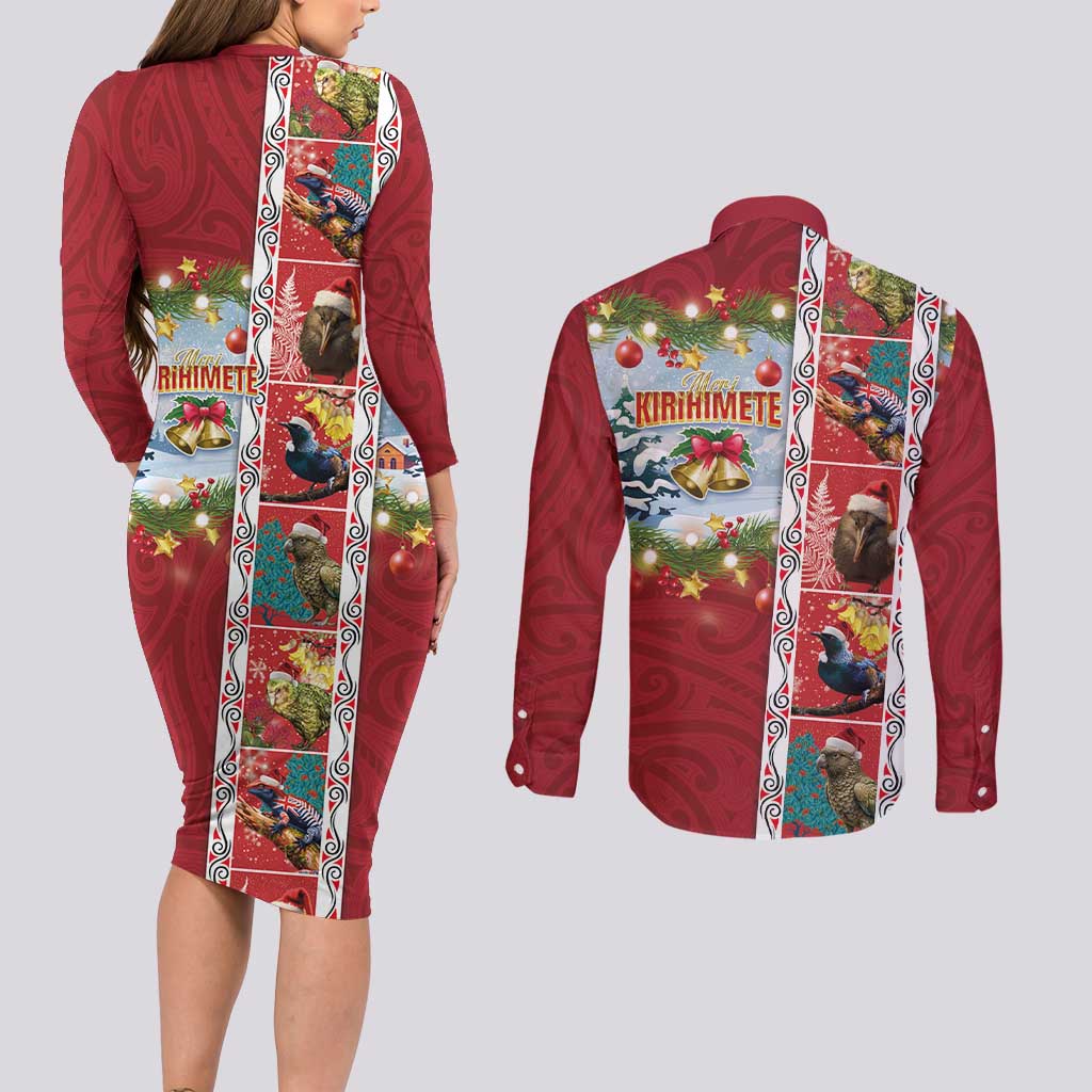 New Zealand Merry Christmas Couples Matching Long Sleeve Bodycon Dress and Long Sleeve Button Shirt Maori Animals, Koru Tattoo - Red Xmas Style LT03 - Polynesian Pride