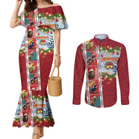 New Zealand Merry Christmas Couples Matching Mermaid Dress and Long Sleeve Button Shirt Maori Animals, Koru Tattoo - Red Xmas Style LT03 Red - Polynesian Pride