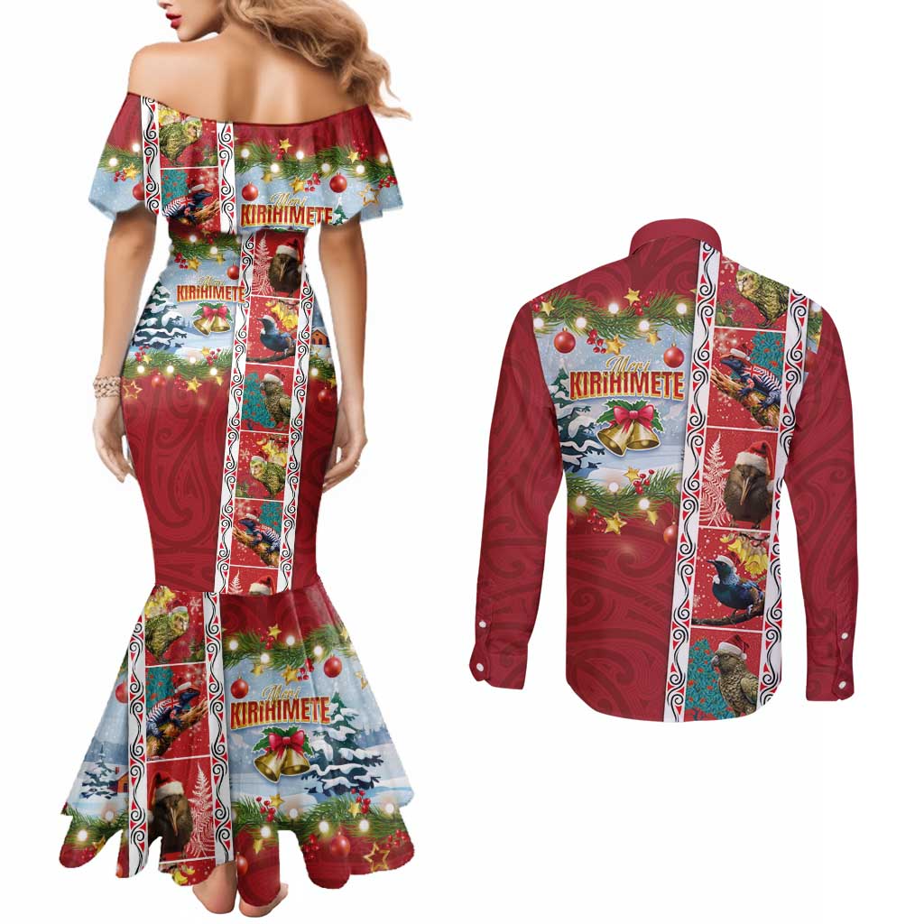 New Zealand Merry Christmas Couples Matching Mermaid Dress and Long Sleeve Button Shirt Maori Animals, Koru Tattoo - Red Xmas Style LT03 - Polynesian Pride