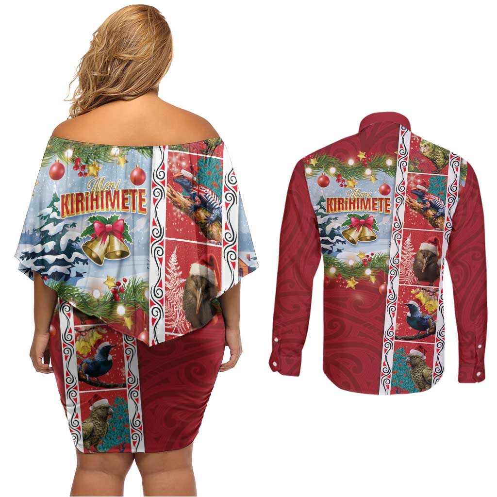 New Zealand Merry Christmas Couples Matching Off Shoulder Short Dress and Long Sleeve Button Shirt Maori Animals, Koru Tattoo - Red Xmas Style LT03 - Polynesian Pride