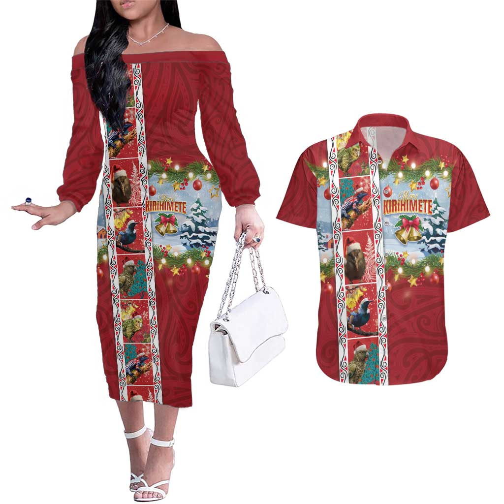 New Zealand Merry Christmas Couples Matching Off The Shoulder Long Sleeve Dress and Hawaiian Shirt Maori Animals, Koru Tattoo - Red Xmas Style LT03 Red - Polynesian Pride