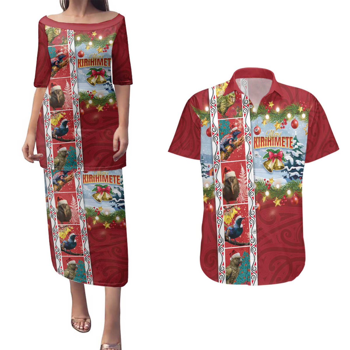 New Zealand Merry Christmas Couples Matching Puletasi and Hawaiian Shirt Maori Animals, Koru Tattoo - Red Xmas Style LT03 Red - Polynesian Pride