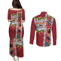New Zealand Merry Christmas Couples Matching Puletasi and Long Sleeve Button Shirt Maori Animals, Koru Tattoo - Red Xmas Style LT03 - Polynesian Pride