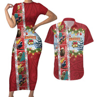New Zealand Merry Christmas Couples Matching Short Sleeve Bodycon Dress and Hawaiian Shirt Maori Animals, Koru Tattoo - Red Xmas Style LT03 Red - Polynesian Pride