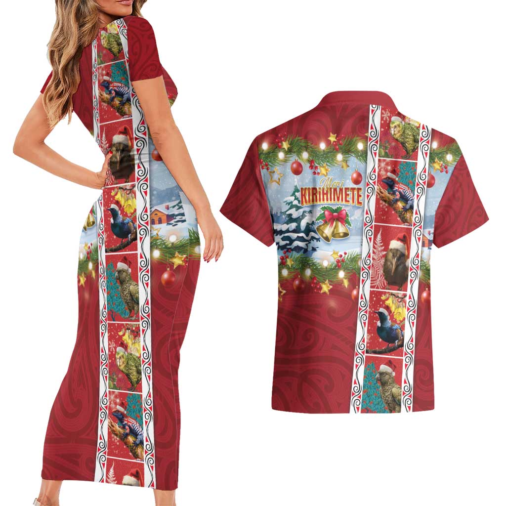New Zealand Merry Christmas Couples Matching Short Sleeve Bodycon Dress and Hawaiian Shirt Maori Animals, Koru Tattoo - Red Xmas Style LT03 - Polynesian Pride