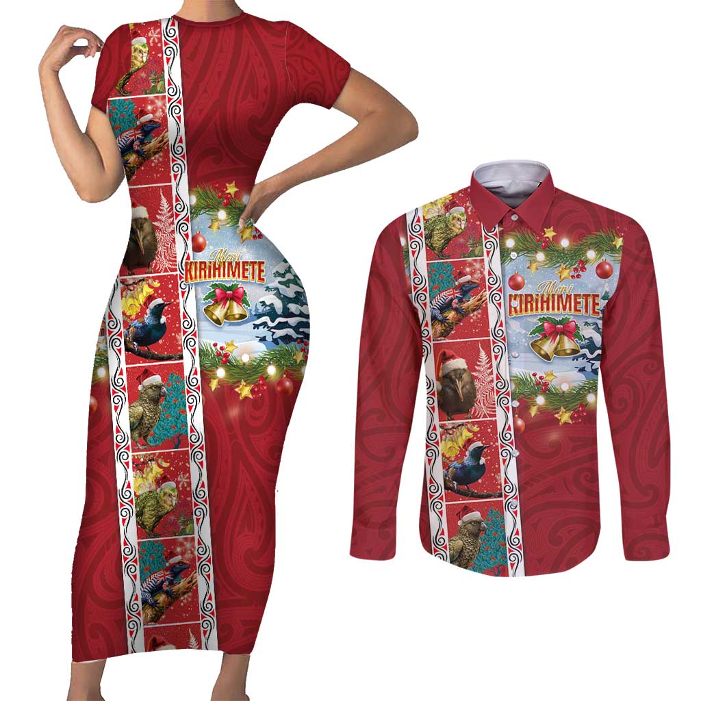 New Zealand Merry Christmas Couples Matching Short Sleeve Bodycon Dress and Long Sleeve Button Shirt Maori Animals, Koru Tattoo - Red Xmas Style LT03 Red - Polynesian Pride