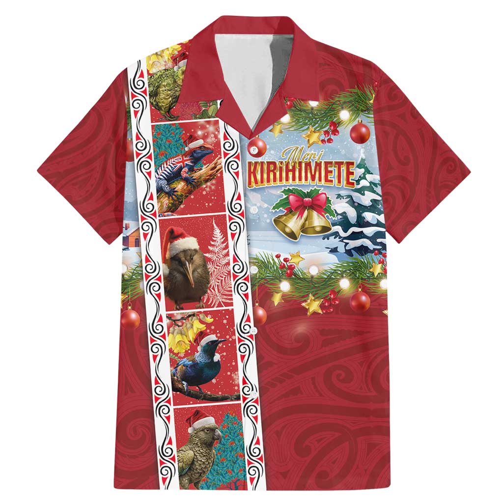 New Zealand Merry Christmas Family Matching Mermaid Dress and Hawaiian Shirt Maori Animals, Koru Tattoo - Red Xmas Style LT03 Dad's Shirt - Short Sleeve Red - Polynesian Pride