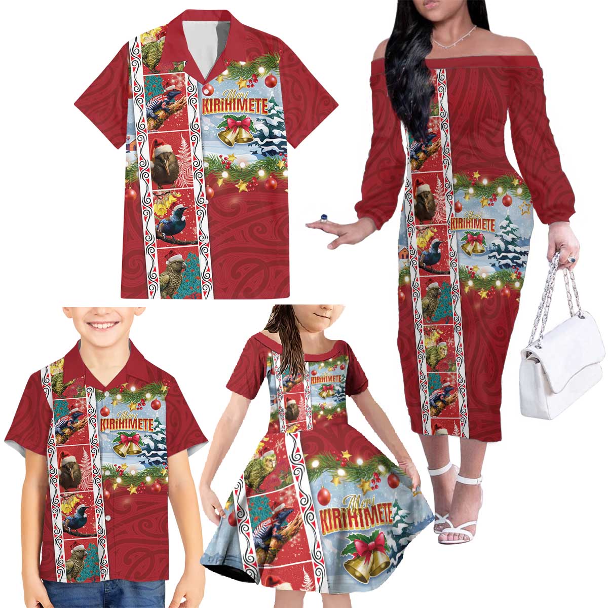 New Zealand Merry Christmas Family Matching Off The Shoulder Long Sleeve Dress and Hawaiian Shirt Maori Animals, Koru Tattoo - Red Xmas Style LT03 - Polynesian Pride