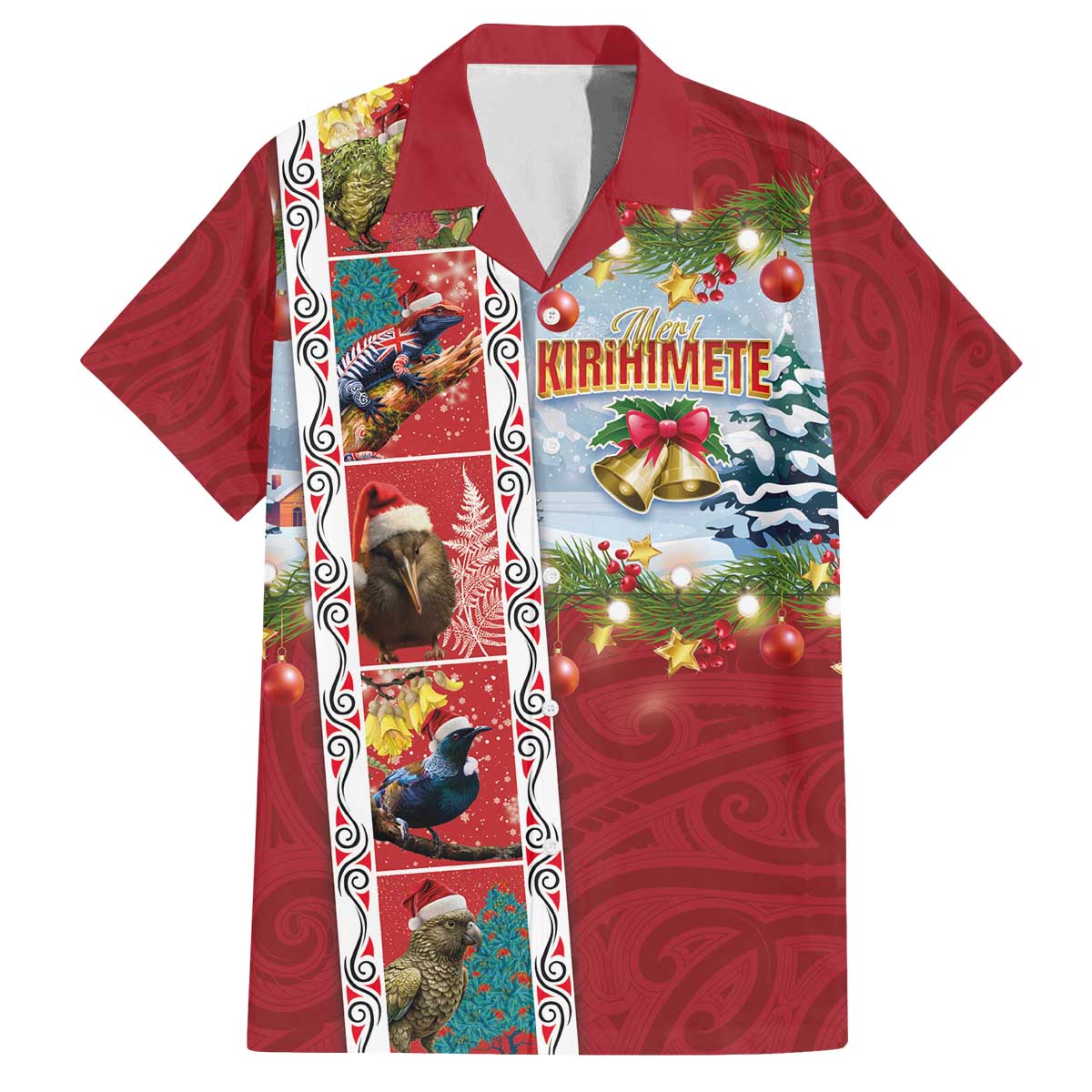 New Zealand Merry Christmas Family Matching Off The Shoulder Long Sleeve Dress and Hawaiian Shirt Maori Animals, Koru Tattoo - Red Xmas Style LT03 Dad's Shirt - Short Sleeve Red - Polynesian Pride