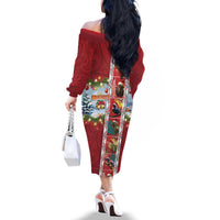 New Zealand Merry Christmas Family Matching Off The Shoulder Long Sleeve Dress and Hawaiian Shirt Maori Animals, Koru Tattoo - Red Xmas Style LT03 - Polynesian Pride