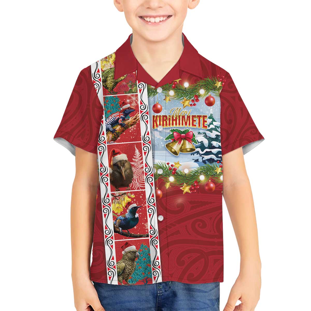 New Zealand Merry Christmas Family Matching Off The Shoulder Long Sleeve Dress and Hawaiian Shirt Maori Animals, Koru Tattoo - Red Xmas Style LT03 Son's Shirt Red - Polynesian Pride