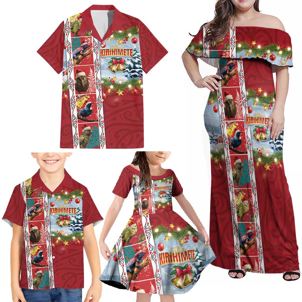New Zealand Merry Christmas Family Matching Off Shoulder Maxi Dress and Hawaiian Shirt Maori Animals, Koru Tattoo - Red Xmas Style LT03 - Polynesian Pride