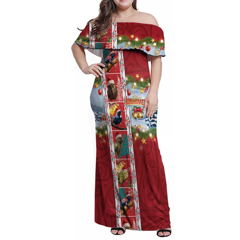 New Zealand Merry Christmas Family Matching Off Shoulder Maxi Dress and Hawaiian Shirt Maori Animals, Koru Tattoo - Red Xmas Style LT03 Mom's Dress Red - Polynesian Pride