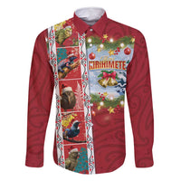 New Zealand Merry Christmas Family Matching Off Shoulder Short Dress and Hawaiian Shirt Maori Animals, Koru Tattoo - Red Xmas Style LT03 Dad's Shirt - Long Sleeve Red - Polynesian Pride