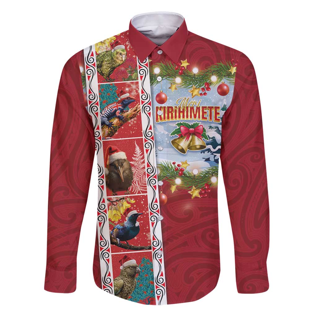 New Zealand Merry Christmas Family Matching Puletasi and Hawaiian Shirt Maori Animals, Koru Tattoo - Red Xmas Style LT03 Dad's Shirt - Long Sleeve Red - Polynesian Pride