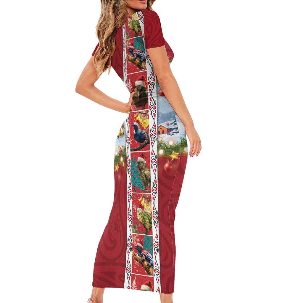 New Zealand Merry Christmas Family Matching Short Sleeve Bodycon Dress and Hawaiian Shirt Maori Animals, Koru Tattoo - Red Xmas Style LT03 - Polynesian Pride