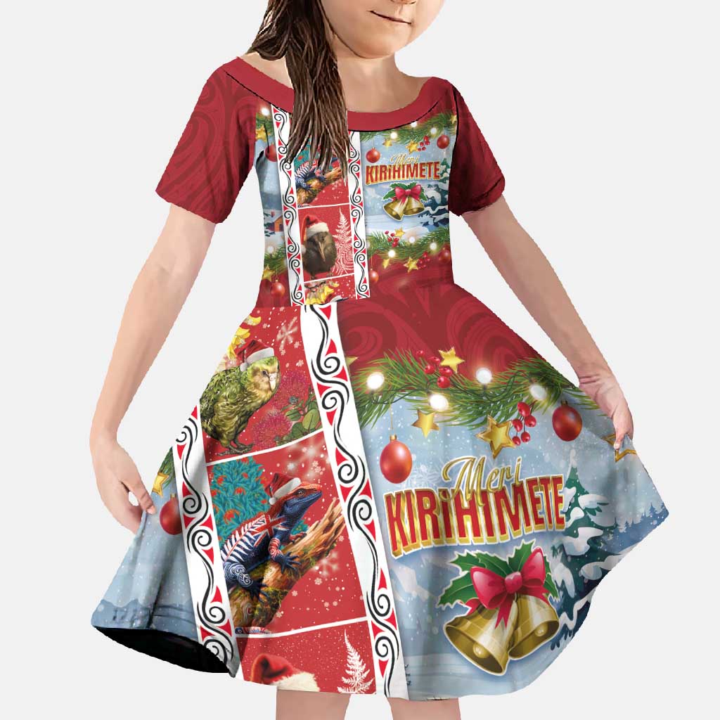 New Zealand Merry Christmas Family Matching Summer Maxi Dress and Hawaiian Shirt Maori Animals, Koru Tattoo - Red Xmas Style LT03 Daughter's Dress Red - Polynesian Pride