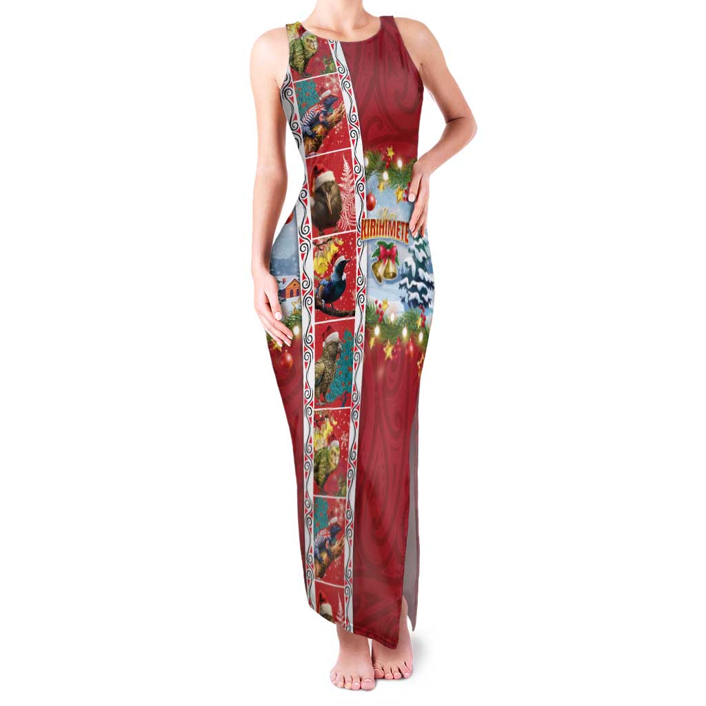 New Zealand Merry Christmas Family Matching Tank Maxi Dress and Hawaiian Shirt Maori Animals, Koru Tattoo - Red Xmas Style LT03 Mom's Dress Red - Polynesian Pride