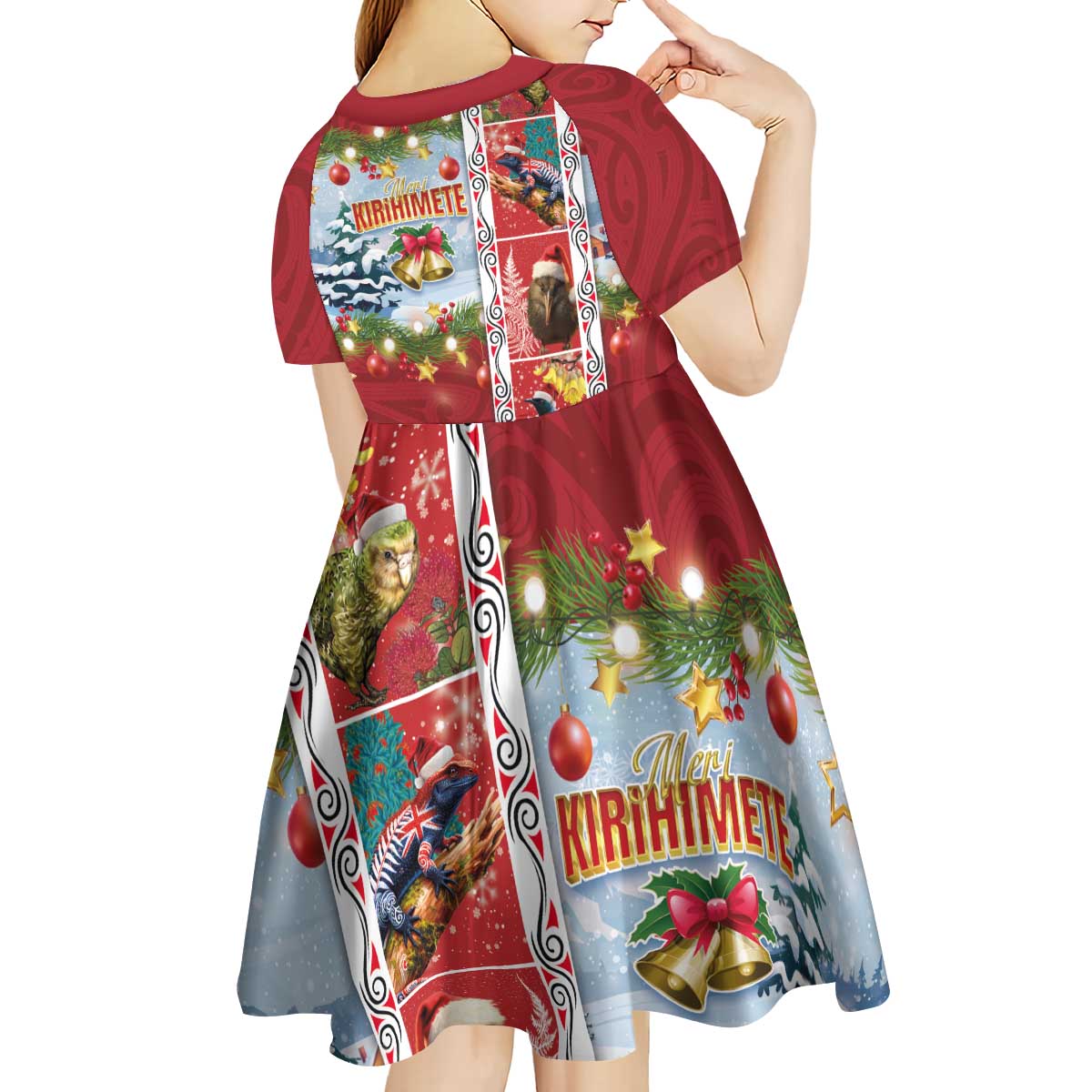 New Zealand Merry Christmas Kid Short Sleeve Dress Maori Animals, Koru Tattoo - Red Xmas Style LT03 - Polynesian Pride