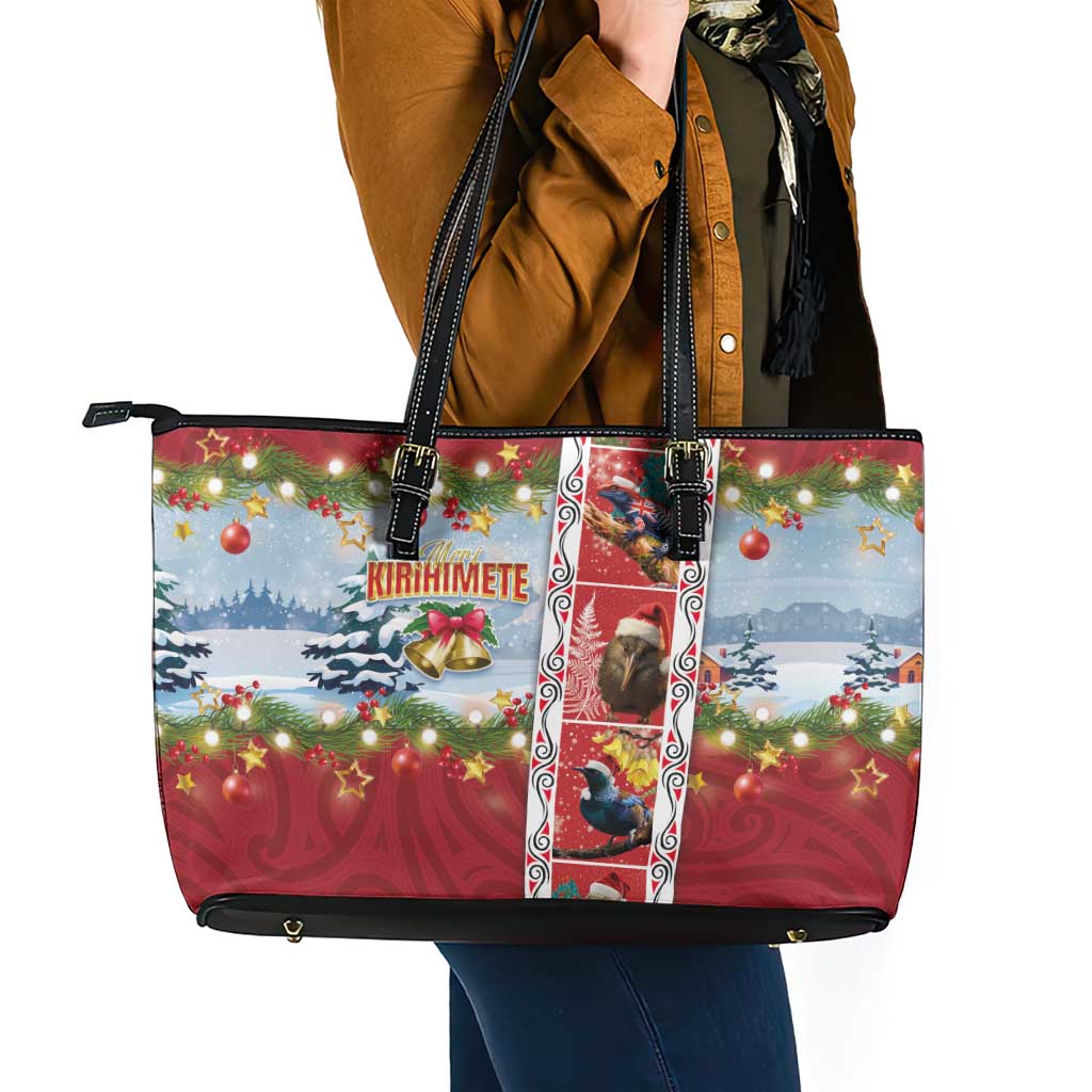 New Zealand Merry Christmas Leather Tote Bag Maori Animals, Koru Tattoo - Red Xmas Style LT03 - Polynesian Pride