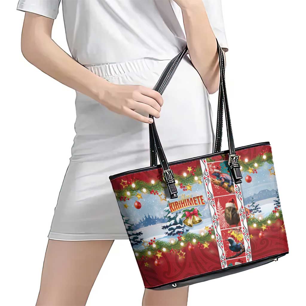New Zealand Merry Christmas Leather Tote Bag Maori Animals, Koru Tattoo - Red Xmas Style LT03 - Polynesian Pride